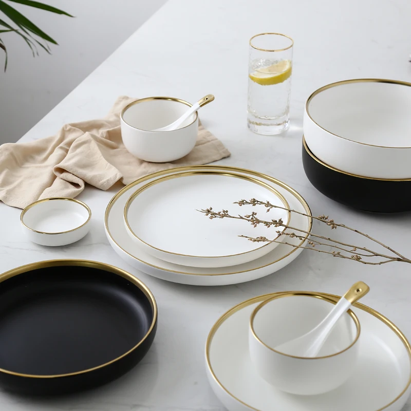 

White And Black Round Gold Stroke Ceramic Dinner Plate Set Porcelain Steak Tableware Rice Soup Bowl Spoon Dish Home Decoration