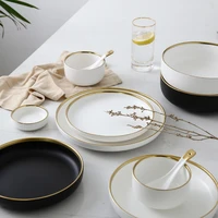 white and black round gold stroke ceramic dinner plate set porcelain steak tableware rice soup bowl spoon dish home decoration