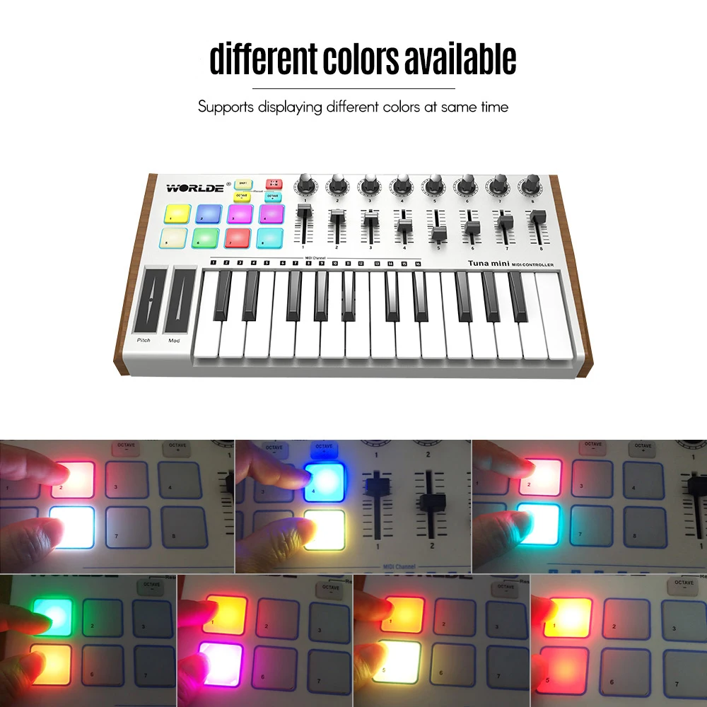 WORLDE TUNA MINI MIDI Keyboard 25-Key USB Controller 8 RGB Backlit Trigger Pads with 6.35mm Pedal Jack | Спорт и развлечения