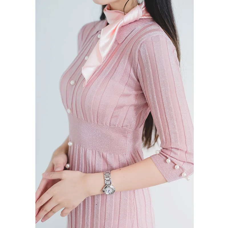 2019 Весна Длинный свитер платье женское шикарное корейское Питер Пэн воротник с