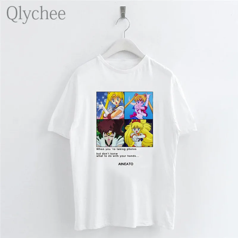 Qlychee японский аниме мультфильм Сейлор Мун печать женские футболки белый