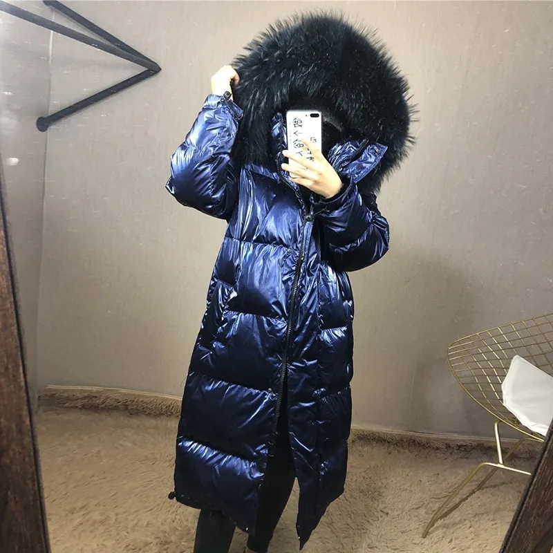 Raccoon Fur Collar Winter Down Coats Women 2019 Long Jackets Fashion Bright Hooded Parka Down Jacket Female Outerwear Warm PL21