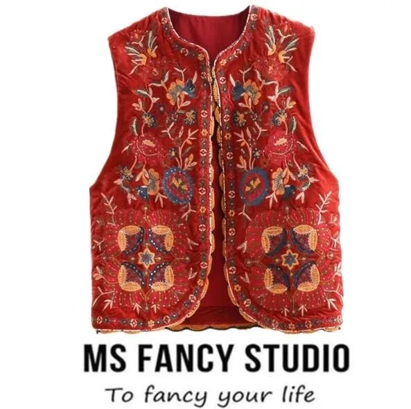 

Autumn And Winter New Design Women Bohemian Velvet Vest Flower Embroidered Waistcoat Retro Vintage Boho Chalecos Para Mujer