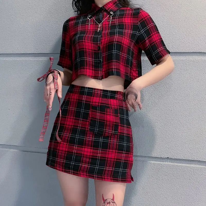 Rosetic Harajuku клетчатый комплект из 2 предметов женская уличная рубашка укороченный топ мини юбка винтажная школьная Повседневная Готическая летняя одежда