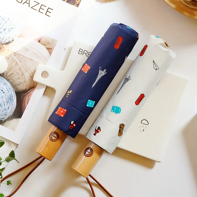 Полностью автоматический складной зонт дождь женщина древняя деревянная ручка