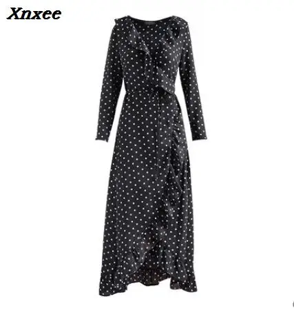 Женское длинное платье в горошек Xnxee повседневное черное платье-макси с оборками