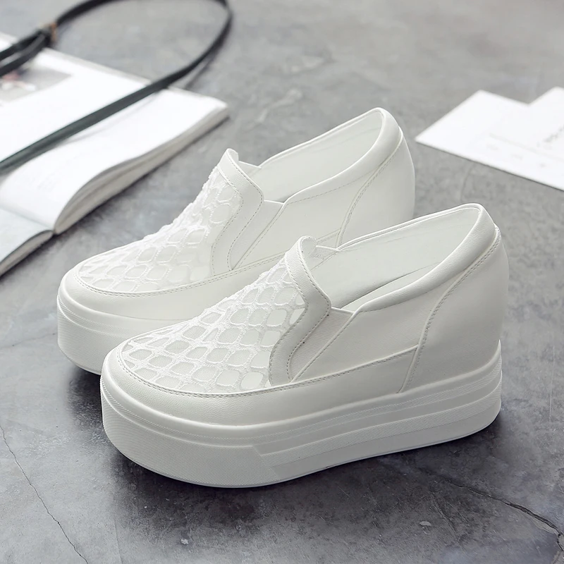 Women Wedge Platform Rubber Brogue Leather Lace Up High heel Shoes Pointed Toe Increasing Creepers White Silver Sneakers 10cm | Обувь