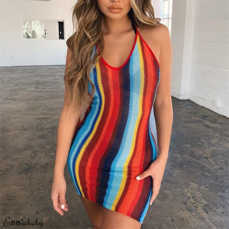 

Женское сексуальное мини-платье в полоску с лямкой на шее, элегантное женское облегающее платье-карандаш, Осеннее женское платье с открытой...