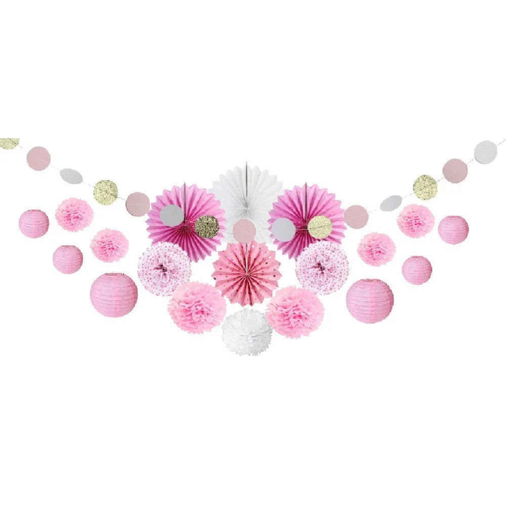 

Pink Party Decoration Kit Circle Garland Polka Dots Paper Fans Lanterns Pom Poms for Wedding Princess Birthday Party Showers
