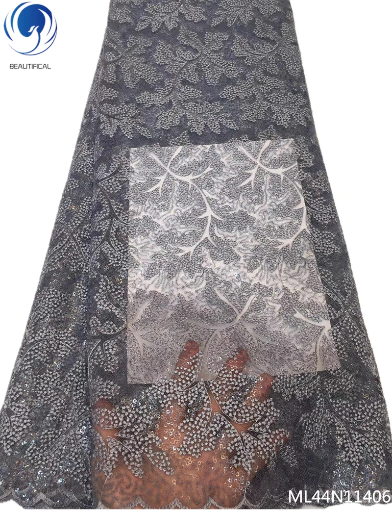 

BEAUTIFICAL latest african sequin lace fabric 2019 grey color lace fabric for wedding sequin fabric lace 5yard/lot ML44N114