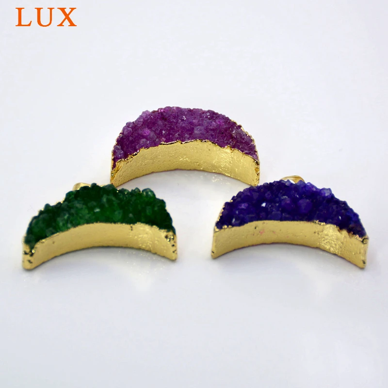 Crystal Quartz Moon Druzy Pendant Rainbow Stone Charm with gold bezel double horn jewelry | Украшения и аксессуары