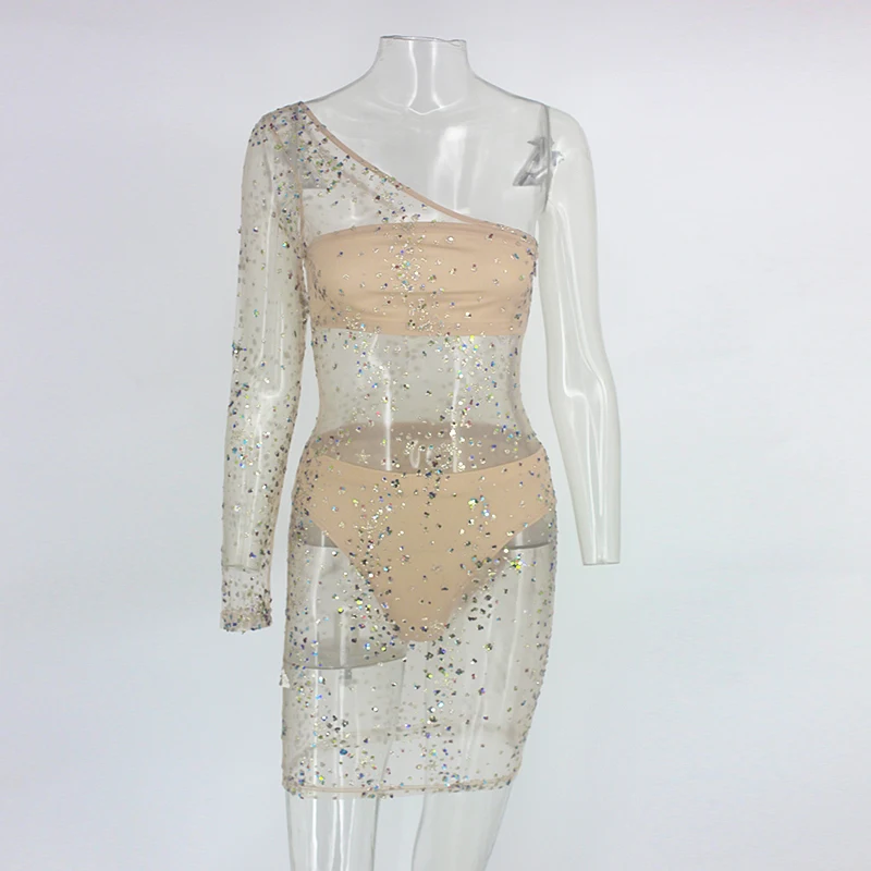 DRESSMECB сексуальное облегающее платье на одно плечо женское Сетчатое летнее без