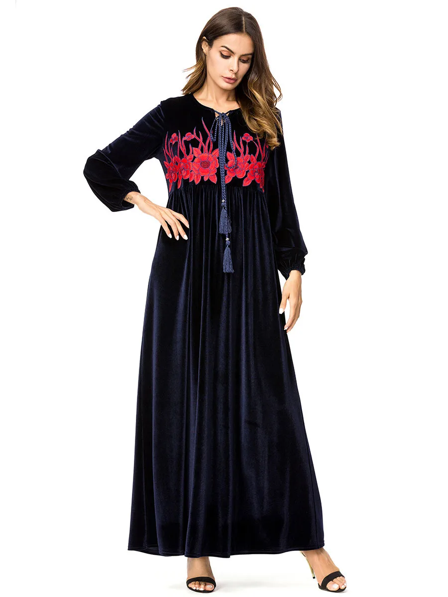 Вышивка мусульманский abaya стеганый Халат золото бархат с длинными рукавами