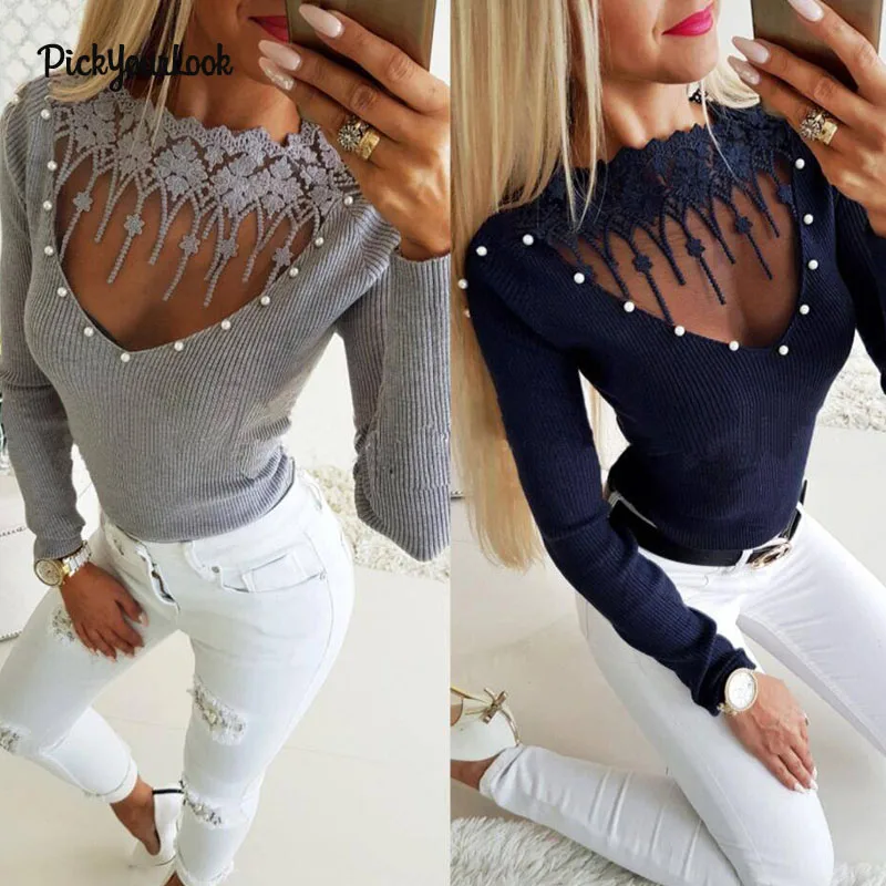 PickyourLook кружевная рубашка женские трикотажные пуловеры с длинным рукавом