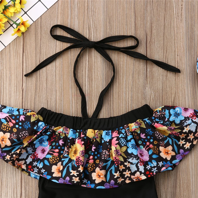 Toddler Kids Baby Girls Bodysuit Summer Sleeveless Black Flower Ruffle Swimwear Bikini Tankini Swimsuit Bathing Suit 2PCS | Детская