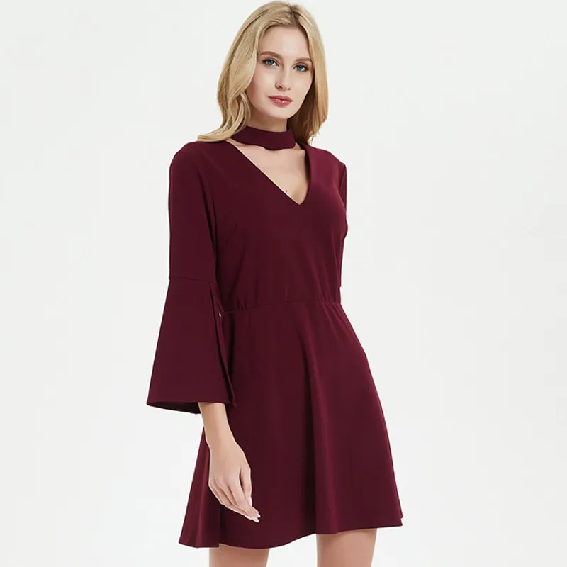 

Uguest Women Red Dress Solid Elegant Ruffles Sleeve V Neck Lady Dress