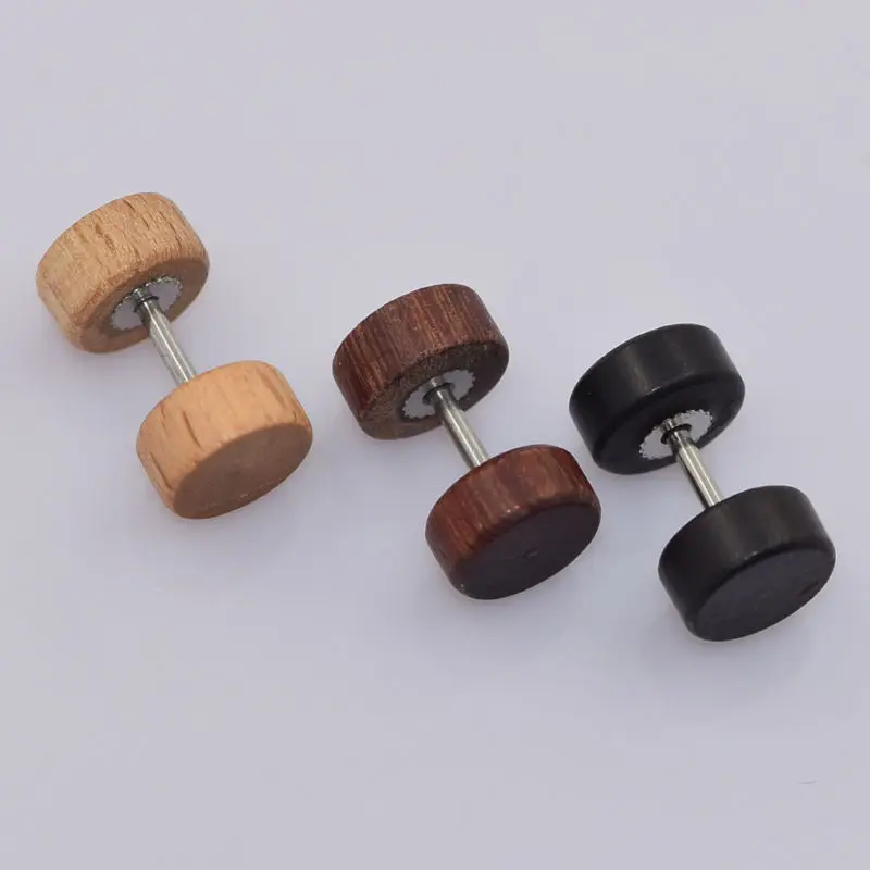 Natural Wood Earring Dumbbell Ear Steel Fake Cheater Illusion Plug Flesh Tunnel Stretch Expander Jewelry | Украшения и аксессуары