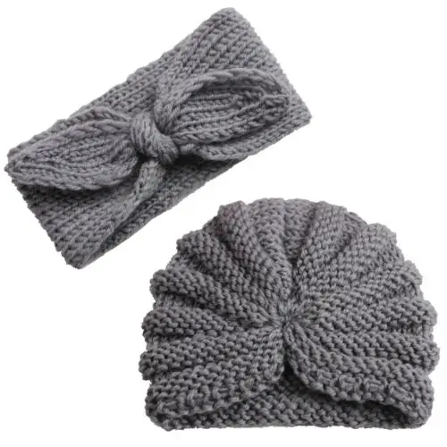 2019 Brand Cute Baby Girls Boys Bow Turban Hat 2Pcs Toddler Kids New Winter Warm Solid Knit Head Wrap Hijab Headband Cap Set | Детская
