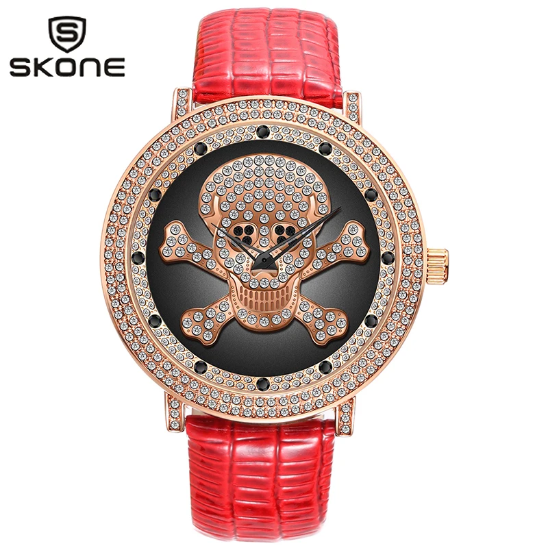 SKONE Роскошные кожаные женские часы красные новые стальные скелетные
