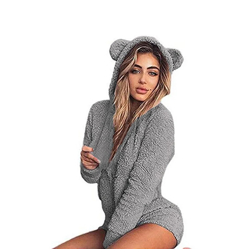 Женская Теплая Флисовая Пижама с 3d ушками милый мягкий осенний спальный