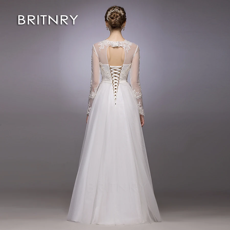 

BRITNRY 2020 New Beach Wedding Dress Long Sleeve O-Neck Sexy bridal dresses Princess Lace Wedding Gown novia