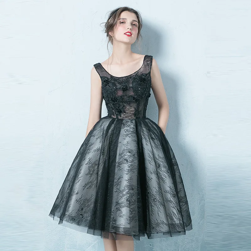 Hot New 2019 Black Lace A Line Sexy Cocktail Dresses Custom made Elegant Knee Legnth Dress Tulle Women | Свадьбы и торжества