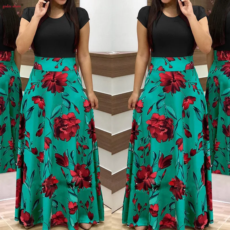 Богемное Макси платье Женская одежда с коротким рукавом цветочным принтом