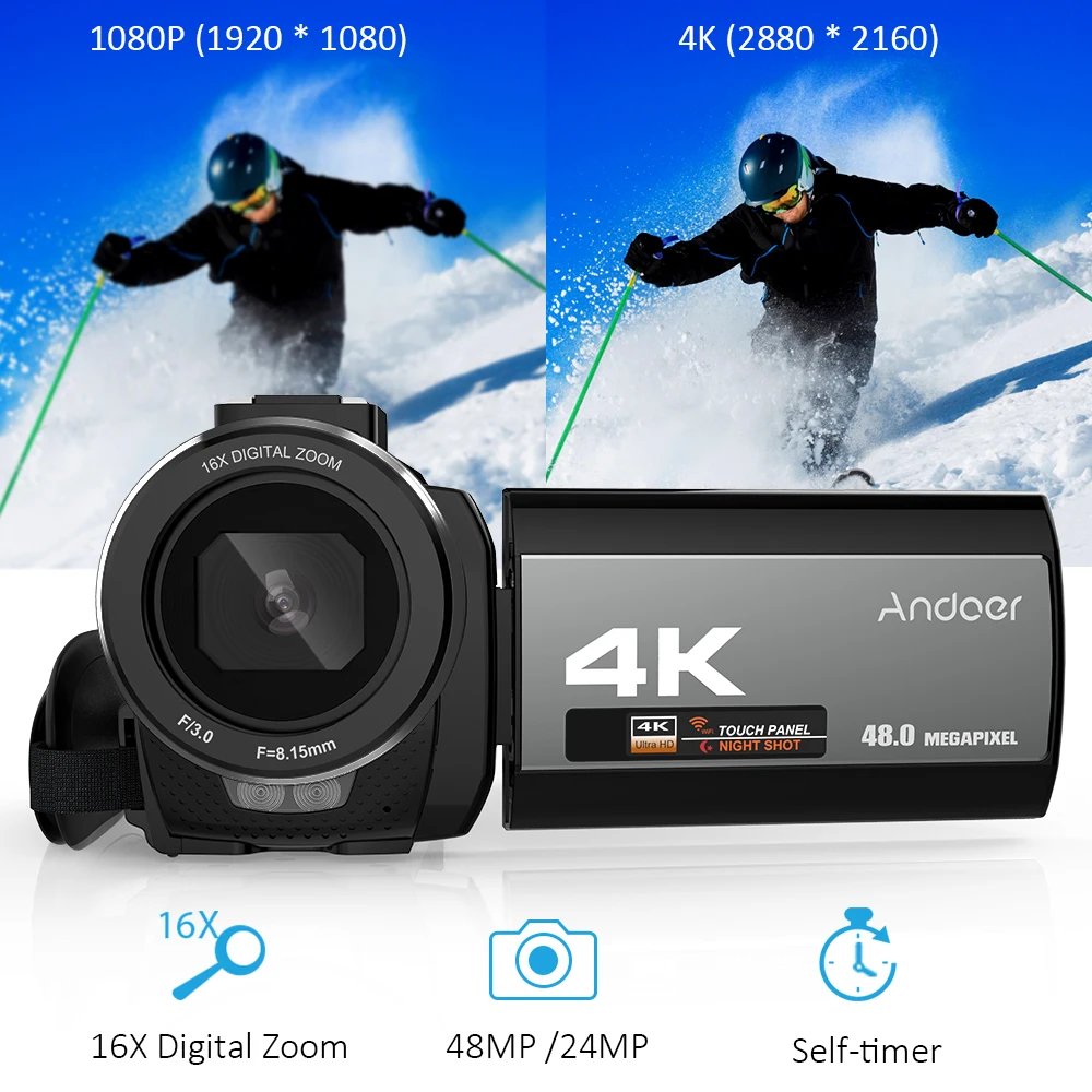 Цифровая видеокамера Andoer 4K 48 МП Wi Fi поддержка Селфи обнаружение лица анти тряски