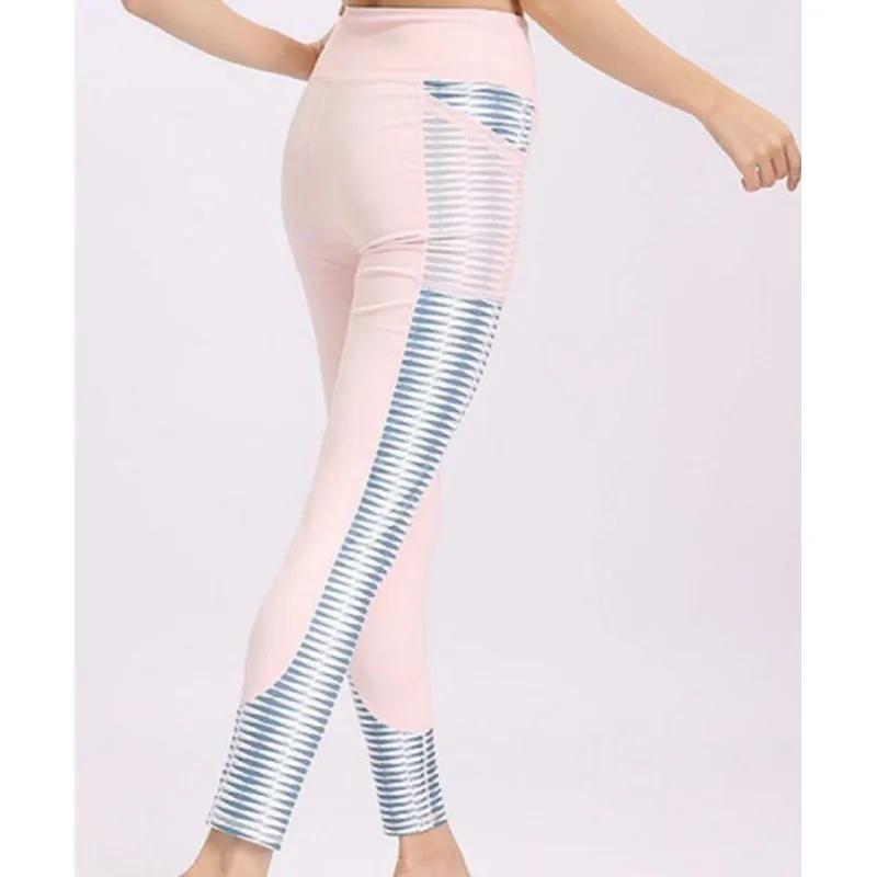 Yoga SIim Stripe Pants Print Elastic Women Leggings High Waist Seamless Fitness Breathable Tight Push Up Pocket | Спорт и