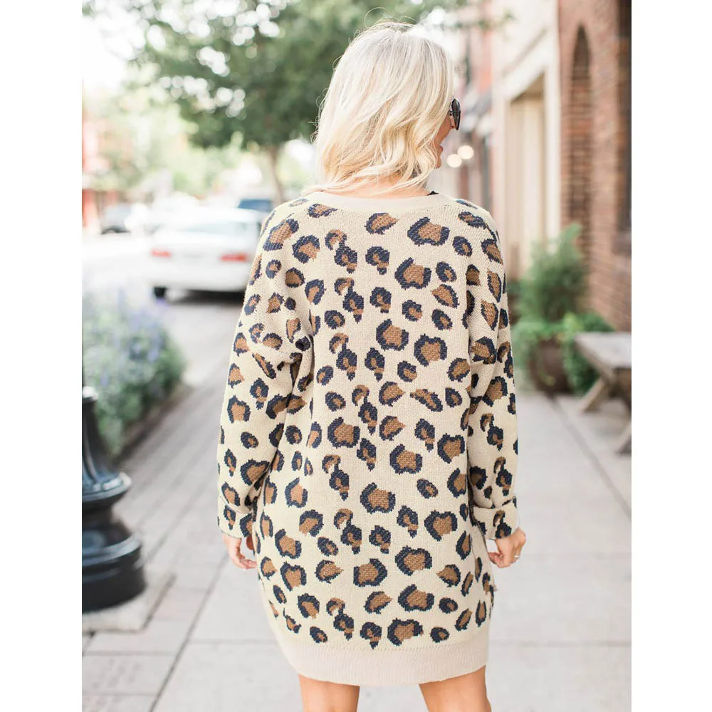 AZULINA Leopard Cardigan Print Collarless Long Sleeves Open Front Knitted Sweater Female Cardigans Winter Jumpers Ladies |