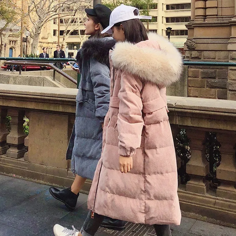 Winter Jacket Coat Women 2018 Casual Fashion Pink Corduroy Down Cotton Jacket Parka Thick Hooded Long Section Padded Overcoat
