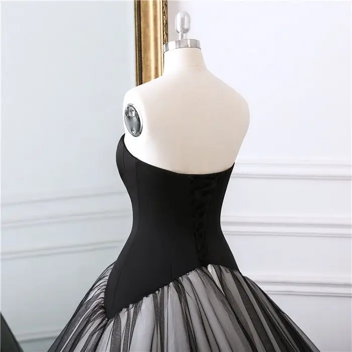 Феи Черный без бретелек v образным вырезом атласная Vestidos De Novia спинки Тюль бальное