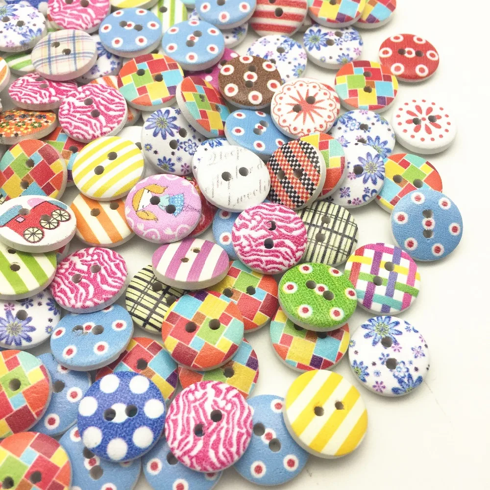 

1000pcs 15mm Stripes Florals Dots Mixed Wood Buttons Painted 2 Holes Round Sewing DIY Button Embellishments For Scrapbooking