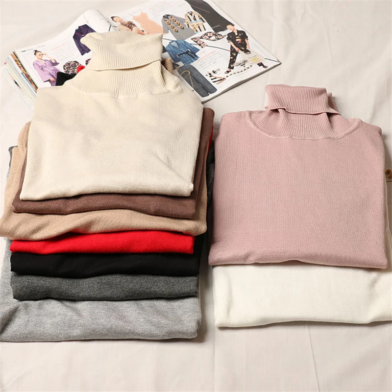 2019 Women Solid Color Sweaters And Pullovers Pink Turtleneck Long Sleeve Winter Tops Casual Knitted Harajuku Slim Sweater | Женская