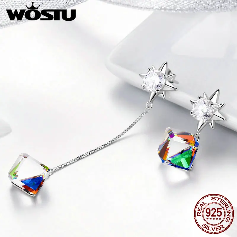 WOSTU, корейская мода, 925 пробы, серебро, ослепительный кристалл, длинные висячие серьги для женщин, свадебные радужные Роскошные ювелирные изделия CQE545