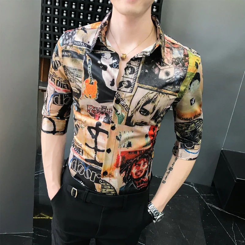 Летний модный принт рубашка Для мужчин Camisa Masculina смокинг узкие рукава до локтя Fit