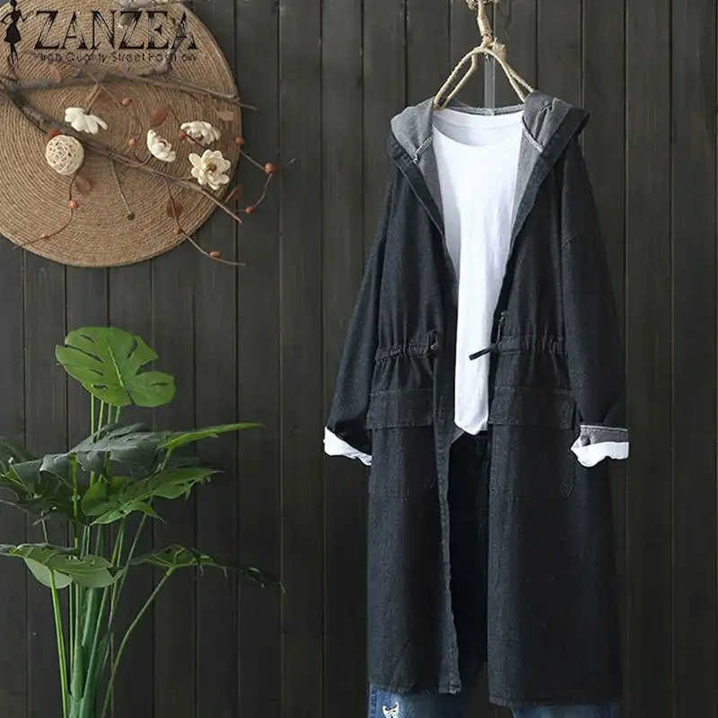 2021 Oversized ZANZEA Spring Fashion Women Casual Solid Hooded Long Sleeve Denim Blue Party Cardigan Jackets Outwear Coat | Женская