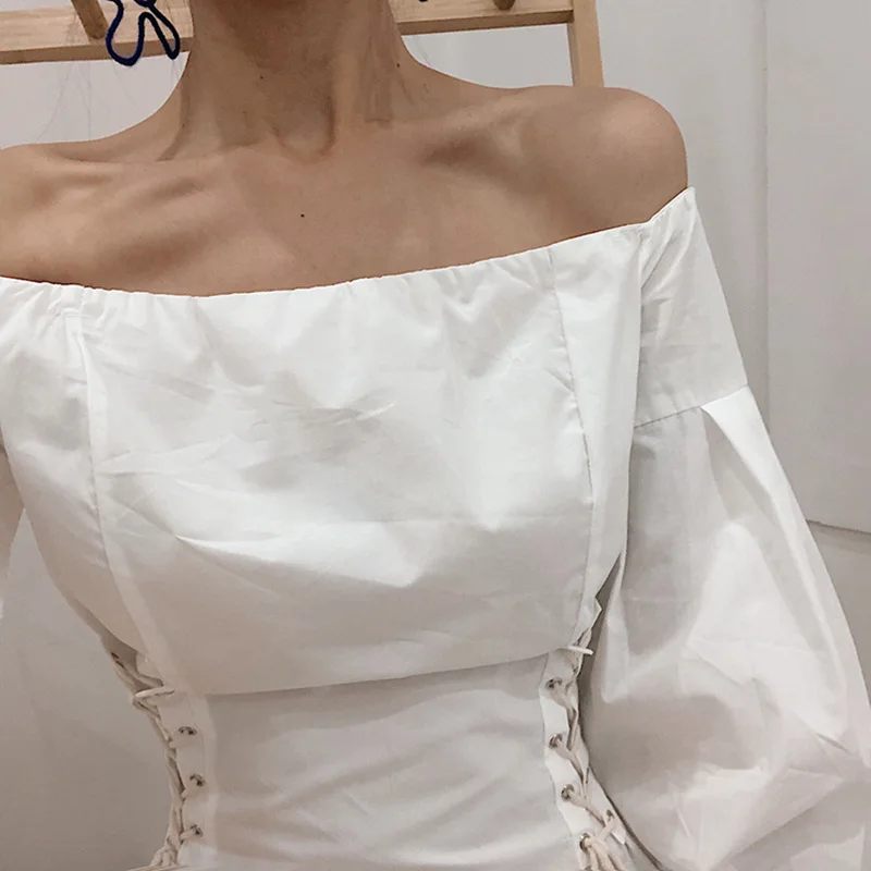 Hubble-bubble Sleeve Dress Woman Autumn Clothing New Pattern Korean Bandage White Short Dresses | Женская одежда
