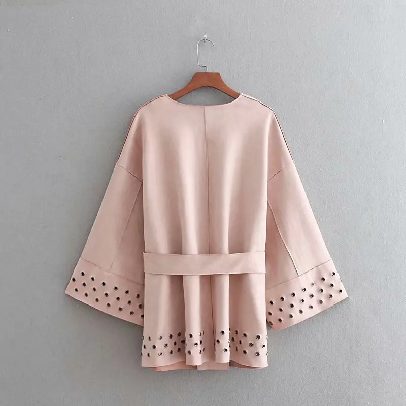NSZ Для женщин выдалбливают Suede Kimono куртка пальто с поясом Прохладный Street Wear