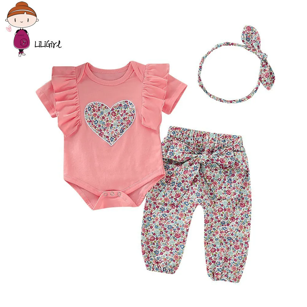 

Newborn Girls Clothes Set Short Sleeve T-shirt+print Pants+hairbands 3pcs Summer Baby Girls Clothes Set 0-12m Cute Bow Pants