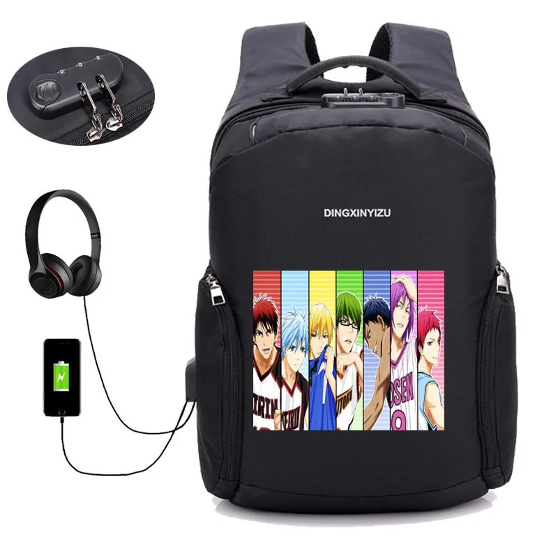 Рюкзак для ноутбука Kuroko no Basket с защитой от кражи и USB зарядкой водонепроницаемый