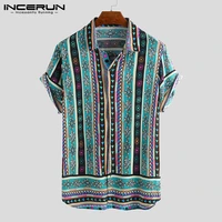 incerun ethnic style print men casual shirt lapel neck streetwear short sleeve tops 2021 loose tropical hawaiian shirt men s 5xl