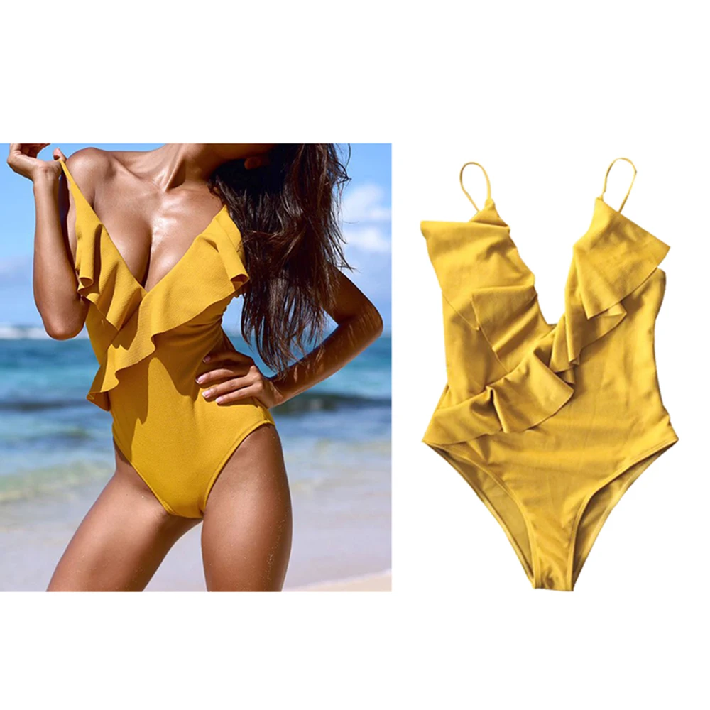 Женский сексуальный цельный купальник женский пуш ап с оборками купальный