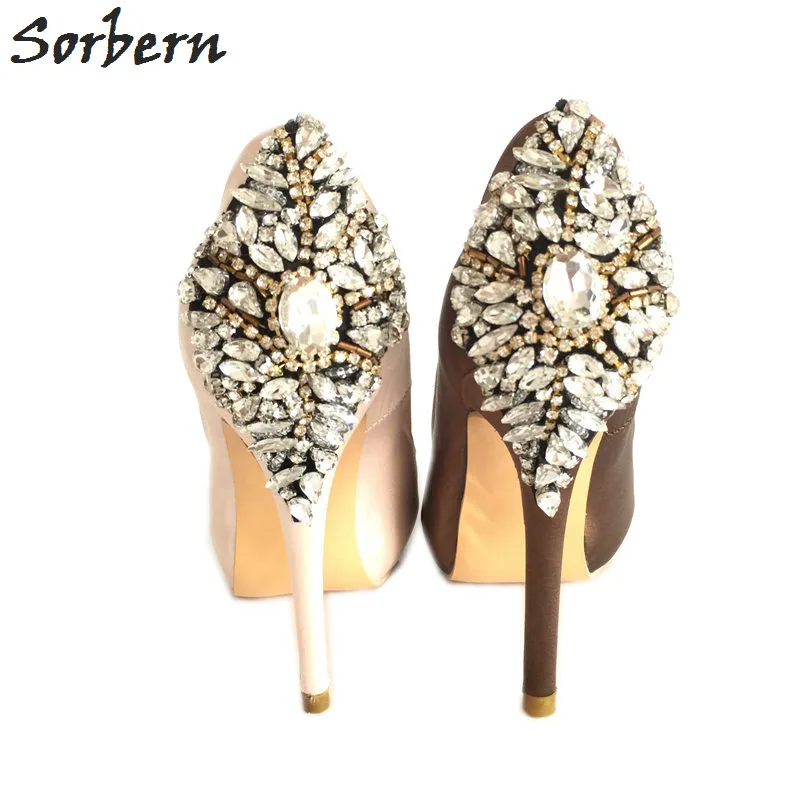 

Sorbern Champagne Satin Crystals Wedding Shoes Peep Toe Rhinestones Slip-on Bridal Shoes Pumps High Heels Platforms Custom Color