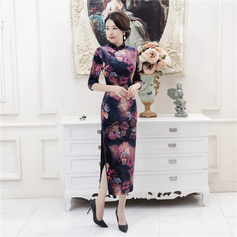 4XL бархатные Длинные платья Qi Pao Китай пион узор Осень зимний чеонгам длинные