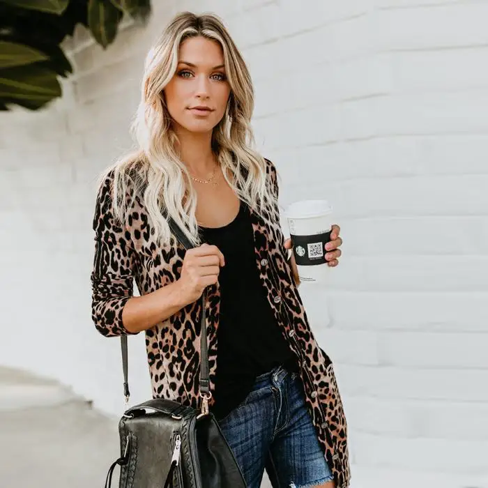 Women Casual Long Sleeve Leopard Print Button Open Front Cardigan Street Outdoor etc Spring Autumn Pocket |