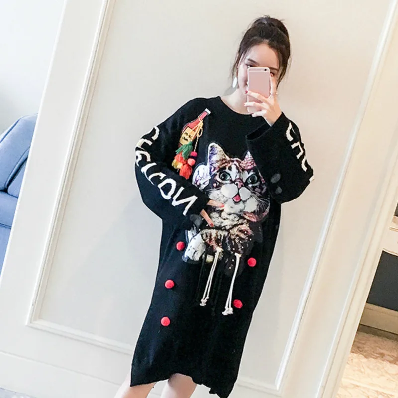 Vefadisa Women Cartoon Cat Tassel Knitting Sweater Dress 2018 Winter Letter Printing Pullover Maternity DQ522 | Женская одежда