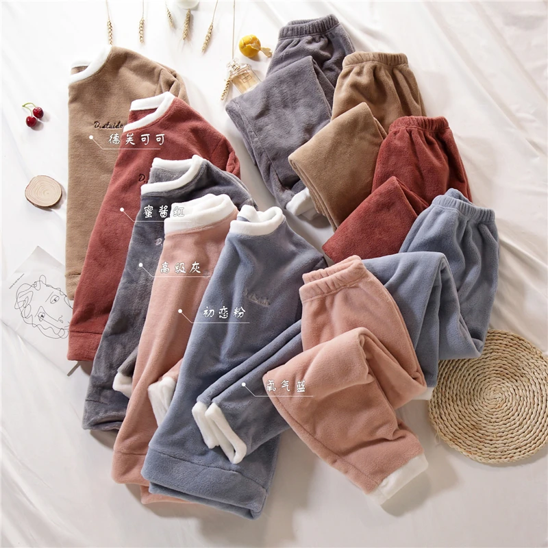 Thick Warm Flannel Pajamas Sets Winter Women Two Piece Pajama Set Solid Female Sleepwear Home Clothing Women's Suit |
