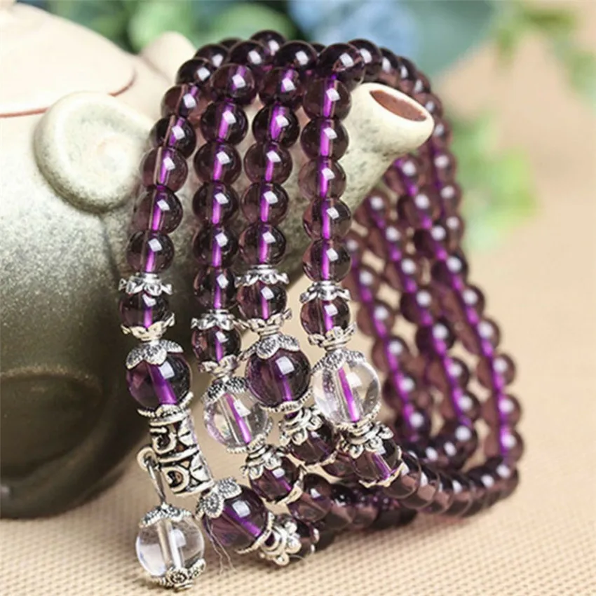Браслет из 6 мм 108 бусин фиолетового натурального кристалла бразильские