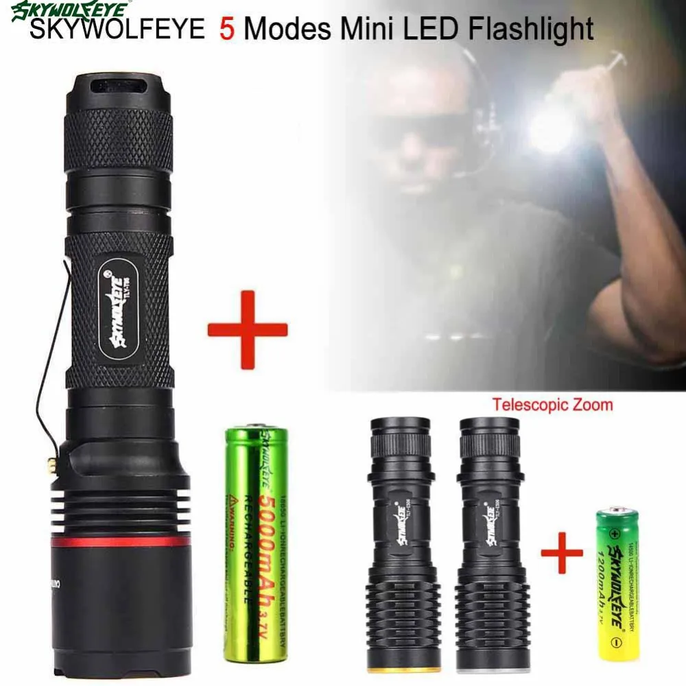 100% настоящий светодиодный фонарик SKYWOLFEYE 2 5 режимов 18650 аккумулятор с фокусом